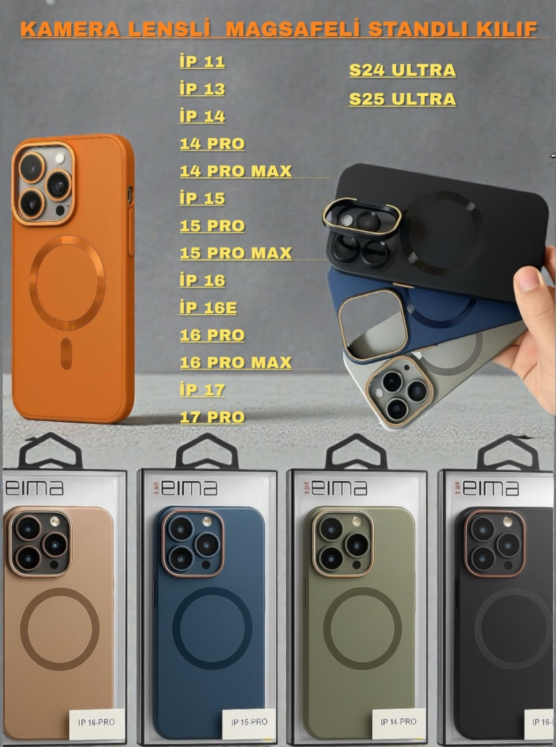 EIMA KAMERA LENSLİ MAGSAFELİ STANDLI KILIF S25 ULTRA