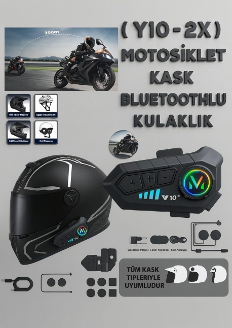 (Y10-2X) MOTOSİKLET KASK BLUETOOTHLU KULAKLIK 300M