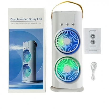 DOUBLE HEAD FAN & COOLER MIST WITH HUMIDIFIER AND SWING LED INDEPENDENT DUAL 270° FOLDING 3 SPEED SPRAY MODES