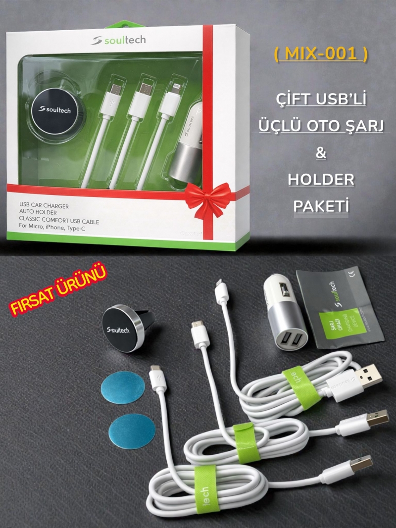 MİIX-001 ÇİFT USB'Lİ 3'LÜ OTO ŞARJ & HOLDER PAKETİ